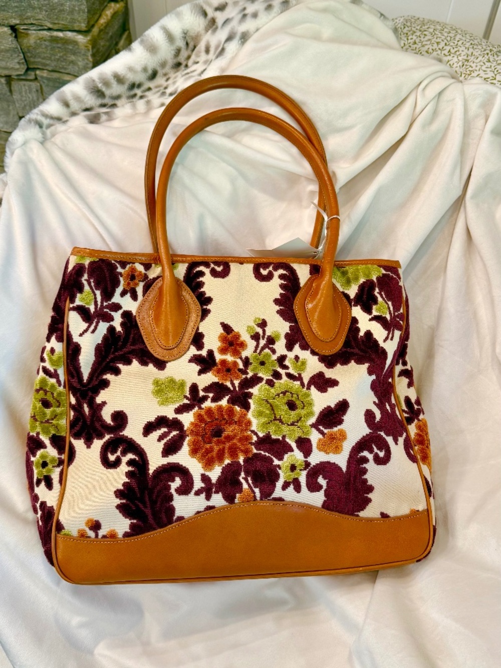 Glenda Gies Ava Tote - NEW! Burgundy/Green/Cream/Burnt Orange Tapestry-Reitired